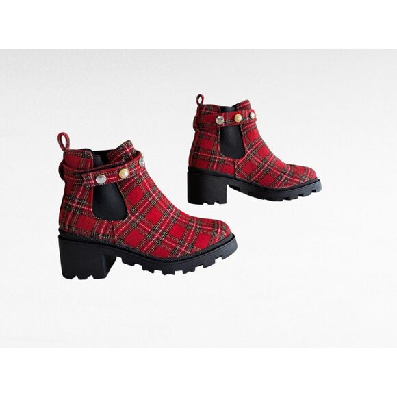 Sugar Favorite 4 plaid combat/ankle rhinestone/pearl strap boot Sz 8M - Picture 4 of 10